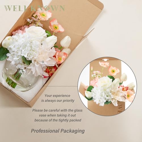 Artificial Flowers in Vase for Seasonal Decor, Mixed White Tulips & Pink Silk Fake Flowers Bouquet Arrangements in Glass Vase with Fake Water for Spring Home Office Hotel Wedding Party Table Decor - color: Mixed White