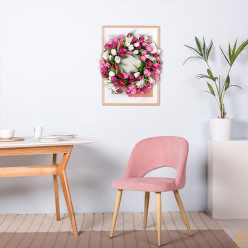 U'Artlines 20 Inch Tulip Wreath for Front Door, Spring Summer Silk Wreath with Green Leaves Artificial Tulip Flower Wreaths for All Seasons Window Wall Wedding Valentines Day Decor - color: Pink, size: 20 Inch