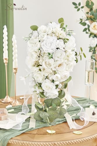 Serwalin 11 Inch Wedding Bouquets for Bride Bridesmaid, White Rose Bridal Bouquets for Bride, Wedding Flowers Bouquet Tossing Bouquet, Ceremony and Anniversary - color: White