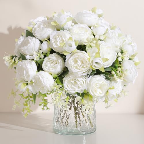 Luyue 8 Packs Peonies Artificial Flowers Vintage Faux Peony Bouquet Fake Flower for Vase Silk Floral Arrangements for Table Centerpiece Wedding Decoration Indoor Home Decor - color: White-8pcs