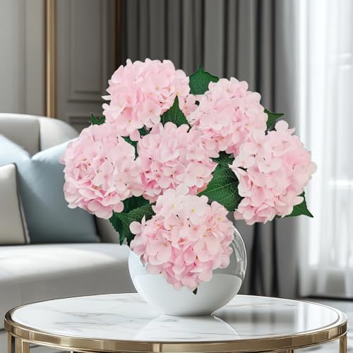 6PCS Pink Hydrangea Artificial Flowers, Bulk Silk Fake Flower with Stems, Faux Hydrangeas Bouquets for Home Décor, Wedding, and Office Table Centerpieces. - color: Pink