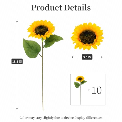 10 Pcs Artificial Sunflowers, Sunflowers Artificial Flowers with Stems, Faux Silk Huge Fake Flower Bouquet for Vase Decor Wedding Table Home Porch Indoor Outdoor Cemetery Decoration (Yellow, 4-Inch) - size: 4-Inch