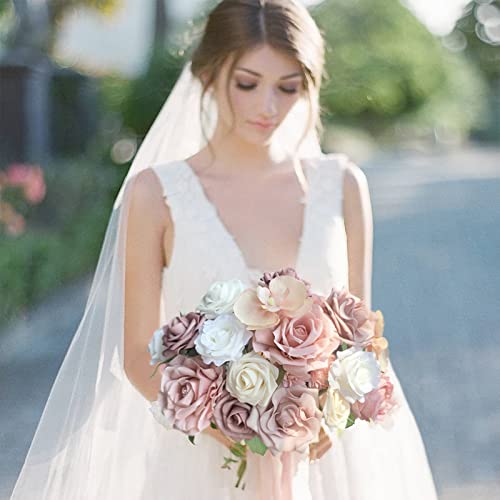 FACINOC Roses Artificial Flowers Pink Bouquet Combo Box Set Fake Flower Bulk for DIY Bridal Wedding Shower Decorations Centerpieces for Table Faux Floral Arrangement for Party Home Decor Indoor - color: Dusty Pink, Mauve