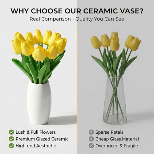 10 Stems Yellow Real-Touch Artificial Tulips with Premium Glazed Ceramic Vase – Modern Farmhouse Table Centerpiece（ Premium Vase+Yellow） - color: Premium Vase+yellow
