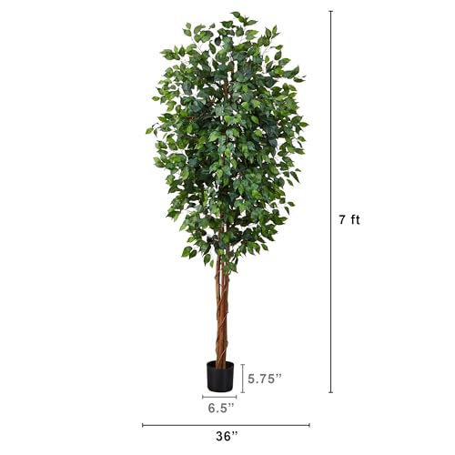 Nearly Natural 7ft Triple Trunk Artificial Ficus Tree with Natural Wood Trunks, Fake Tree For Indoor Home Decor, Faux Ficus Tree with Black Nursery Pot - size: 7ft, style: Tree in Pot