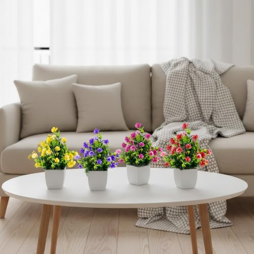 CEWOR Fake Flowers 4 Packs Artificial Plants Indoor Mini Eucalyptus Flowers Decorations for Spring Desk Wedding Bathroom Office Home Room Table Decor Indoor Outdoor - color: Mix Red Rose Yellow Purple