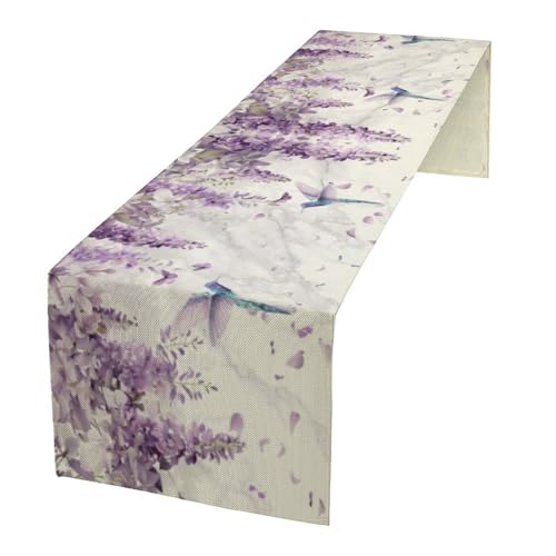 Hummingbird Table Runner,Spring Watercolor Purple Lavender Print Table Runner for Holiday Kitchen Living Room Home Party Decor 13x36 Inch - color: Hummingbird-3, size: 13x36in