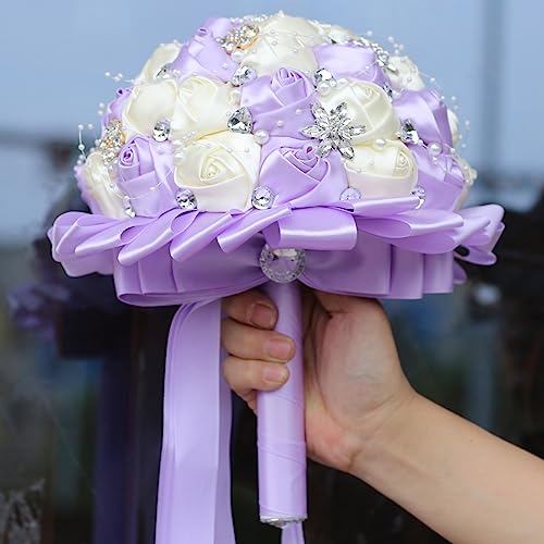 Handmade Wedding Bouquets for Bride Bridesmaid Brooch Artificial Holding Flower Tossing Bouquet(Ivory/Light Purple,18cm,1PC) - color: Ivory/Light Purple(duandaizi), size: 7.1 inches