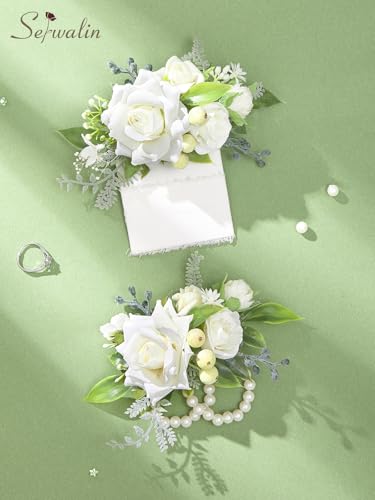 Serwalin 2Pcs Corsage and Boutonniere Set,White Rose Corsage Wristlet and Pocket Boutonniere for Prom Wedding Homecoming Anniversary Graduation - color: Athens White