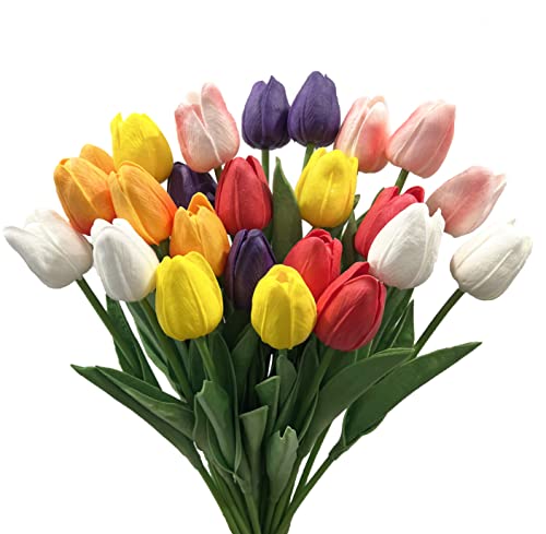 24pcs Multicolor Artificial Tulips Flowers Fake Faux PU Tulip Bouquet Real Touch Flower Arrangement for Home Decoration Excellent Gift Idea for Mothers Day（Multi） - color: Multi Color 24