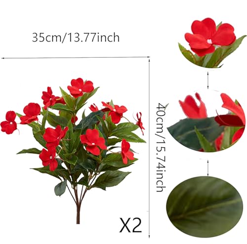 FERIAL 2PCS Artificial Impatiens Bouquet Faux Impatiens Bushes Red for Outdoors Pot Hanging Basket Porch Window Box Patio Lawn Garden Wedding Decoration… - color: Red