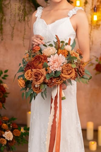TINGE TIME 13 inch Terracotta Wedding Bouquets for Bride, Bridal Bouquet for Bride, Artificial Silk Rose for Graduation Bouquet, Fake Flowers for Fall Wedding Ceremony and Anniversary - color: Terracotta