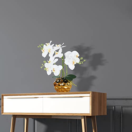 Ziwon Artificial Orchid Flowers & Plants Potted in Ceramic Pot, White Faux Phalaenopsis Orchids for Table Centerpiece, Realistic Fake Flower Arrangement for Home Office Decor Indoor - color: White & Gold 01