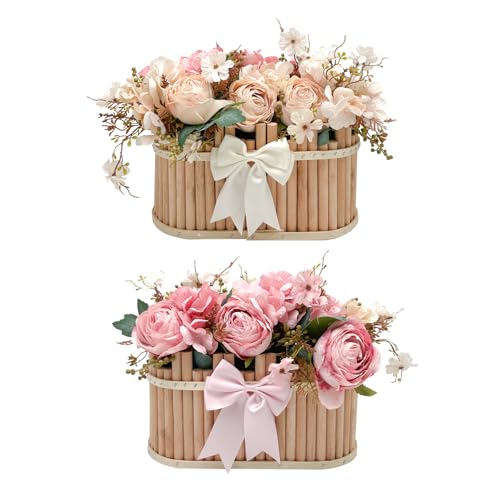 Dining Table Centerpiece Decor - Pre-Made Artificial Flower Arrangement Fake Floral with Wooden Vase for Farmhouse Kitchen Bathroom Living Room Decorations (Double Pink) - color: Double Pink
