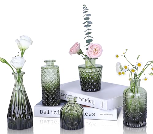UPBUD Glass Bud Vases Set of 5, Mini Flower Vase for Centerpieces, Small Clear Vases in Bulk for Wedding Decorations, Vintage Vase for Table, Recepetion, Home Décor (Green) - color: Standard-green, size: 5pcs