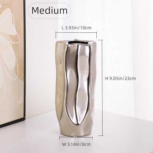 Wave Ceramic Vase - Modern Silver Shiny Finish, Pentagon Shape for Dried Flower Arrangement for Living Room Bedroom Office Decor, Medium, 9" H - size: Medium 9.05"