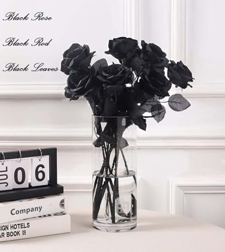 Laelfe 12 PCS Artificial Flowers Black Roses, Fake Silk Flower Long Stem Artificial Rose for Home Wedding Party Decorations(Black Halloween) - color: Solid Black