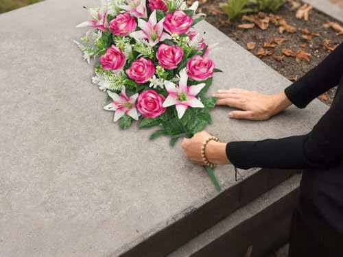 Briful Artificial Flowers for Cemetery, Cemetery Flowers for Grave, Weather Resistant Cemetery Flowers for Vase, Large Sympathy Grave Floral Arrangement with Roses Lily Flowers - color: Violet, size: 25.9 in. Cemetery Flowers Bouquet