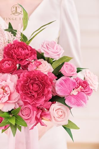 TINGE TIME 11 Inch Wedding Bouquets for Bride，HotPink Artificial Flowers Bouquet， Brides & Bridesmaids Bouquet for Wedding Anniversary Ceremony Bridal Shower Decorations - color: Hot Pink