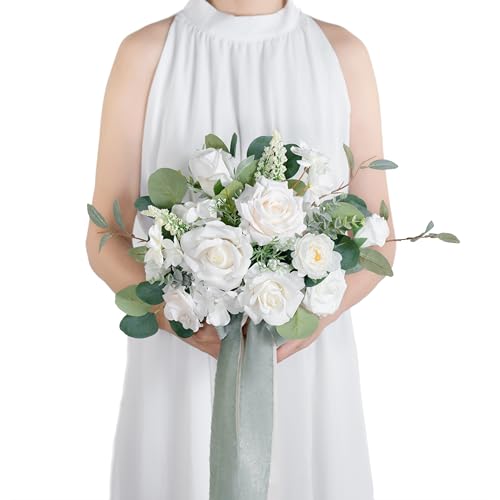 10 Inch White&Greenery Bridal Bouquet,Wedding Bouquet,Bride Bouquets for Wedding Ceremony Anniversary, Party and French Rustic Vintage Wedding,Artificial Flowers… - color: White & Greenery, size: 10 Inch