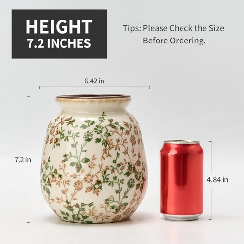 SIDUCAL Ceramic Vintage Pastoral Vase, 7.2 Inch Chinoiserie Floral Vase, Retro Ice Cracked Rustic Farmhouse Vases for Home Decor, Living Room, Bookshelf, Office, Tuscan Decor, Green and Beige - color: 18077-green and Beige