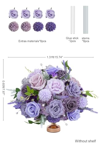 2pcs 15inch Centerpieces Table Decorations Lavender & Purple Artificial Flowers Roses Balls for Wedding Centerpiece Party Bouquet Faux Floral Arrangement (Without Stand) - color: 2pcs 15'' Purple
