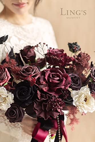 Ling's moment Fake Flowers Box, Faux Artificial Greenery Stems Foam Roses Peonies Silk Eucalyptus Leaves Fabic Flower for Centerpieces Bouquet Wedding Vase Decorations, Burgundy & Black, Deluxe Combo - color: Red-burgundy & Black, size: Deluxe