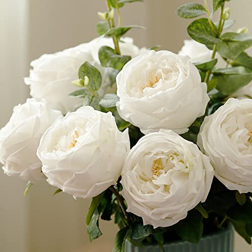 UKELER White Artificial Roses 4 Pcs Real Touch Latex Artificial Flowers Austin Rose Peony with Long Stem for Wedding Bouquet Home Decor Flower Arrangement - color: White