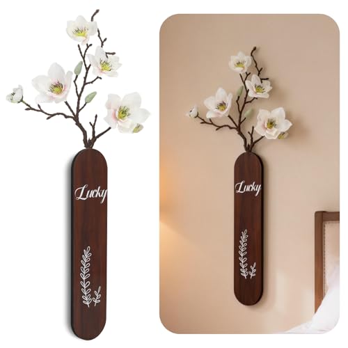 Woration 1Pack Wooden Sign Hanging Wall Decoration with Artificial Magnolia Flower, Decorative Wood Vase Fake Plants Indoor for Home Living Room Bedroom Farmhouse - Brown - color: Artificial Magnolia Flower