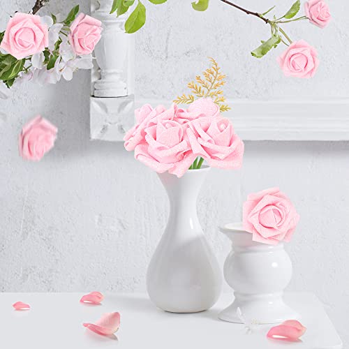 IPOPU Artificial Roses,50PCS Pink Glitter Roses Bouquet Glitter Flowers for Crafts DIY Wedding Bouquet Home Party Decoration(Pink) - color: 50pcs Pink