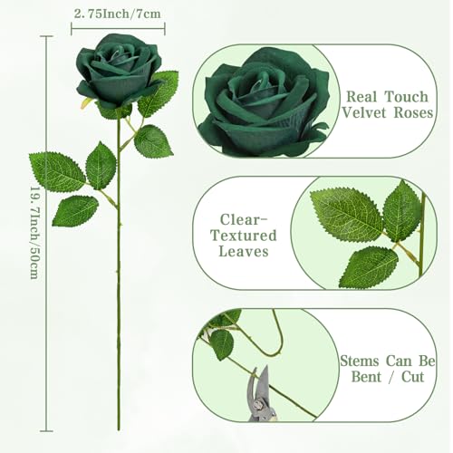 Waipfaru 50 Pcs Green Roses, Fake Roses Artificial Velet Flowers for Valentines Mothers Day Wedding Centerpieces Decor (Emerald Green) - color: Emerald Green, size: 50 Pcs