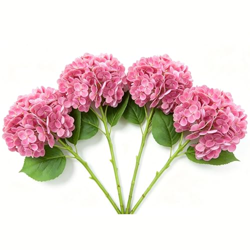 4 Pcs Faux Hydrangeas Real Touch Hydrangea Artificial Flowers Latex Large Fake Flower Long Stems for Wedding Home Party Table Centerpieces Decor (Pink) - color: Pink