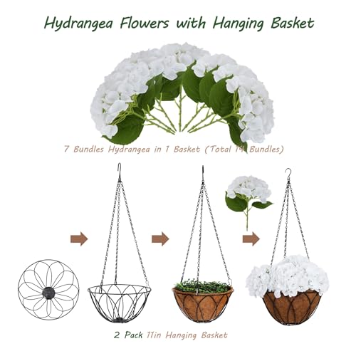 bellacat Real Touch Faux Hydrangea Flowers with 11" Hanging Basket, Fake Hanging Hydrangea Flowers with Realistic Flowers, Artificial Hanging Flowers for Outdoors Porch Patio Balcony (White, 2Pack) - color: White
