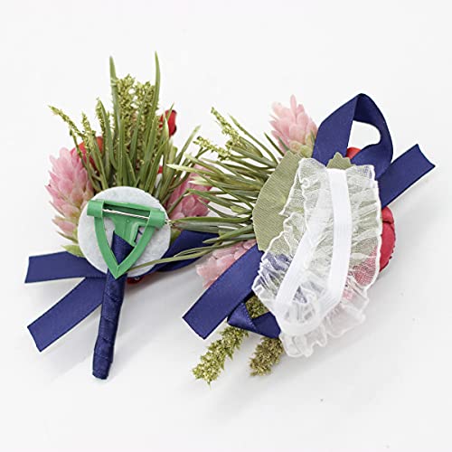 Corsage and Boutonniere Set, Handmade Artificial Peony Rose Wrist Corsage Wristlet and Groom Boutonniere for Men Wedding Prom Suit Decorations (Burgundy Red Navy Blue) - color: Burgundy Red Navy Blue