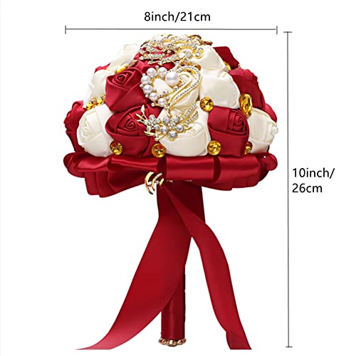 Handmade Wedding Bouquets for Bride Bridesmaid Brooch Artificial Holding Flower Tossing Bouquet（Ivory/WineRed,21cm,1PC - color: Ivory/Winered, size: 21CM/8.3''