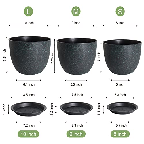 WOUSIWER Plant Pots 10/9/8 inch, Set of 3 Modern Decorative Plastic Planters with Drainage Holes and Saucers for House Plants Indoor Flowers Plants, Black with Green Speckles - color: Black With Green Speckles