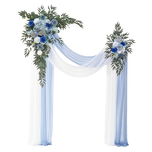 Deluxe Wedding Arch Flowers with Drapes Kit Pack of 4, 2pcs Blue & Grey Hanging Silk Flowers Arrangement 2pcs Chiffon Drapes for Ceremony Arbor Party Outdoor Decor - color: Blue & Grey