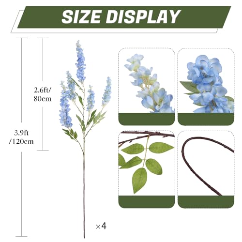 IPOPU 3.9FT Wisteria Artificial Flowers, 4PCS Wisteria Hanging Flowers, Silk Blue Flower with Long Stem for Tall Vase Filling Wedding Wall Backdrop Centerpieces Home Decoration (Blue) - color: Blue
