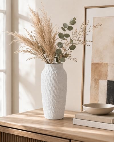 White Ceramic Vase for Flowers, Textured Speckled Hammered Finish Decorative Vase for Living Room, Table Centerpiece & Modern Home Decor - color: White, size: 12.4 Inch