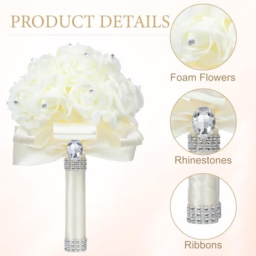 Jutom 10 Pack Wedding Bouquets for Bride Roses Bridesmaid Bouquet Bridal Bouquet Flowers Wedding Hand Holding Bouquet with Diamond Soft Ribbons for Engagement Bridal Shower Church Party (Cream) - color: Cream