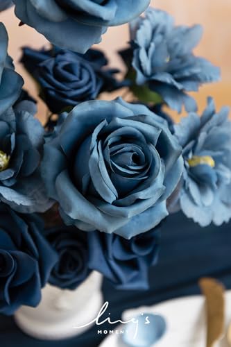 Ling's moment Artificial Flowers Fake Silk Poppy Faux Foam Roses Combo for DIY Wedding Bouquets Centerpieces Arrangements Bridal Shower Party Home Decorations, Nautical Navy, 25pcs - color: Blu-nautical Navy