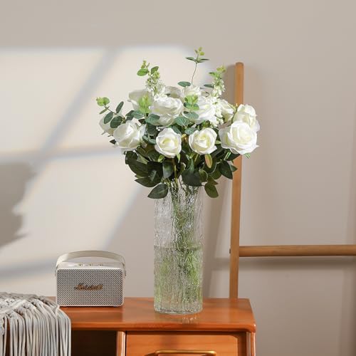 Hawesome 12PCS Artificial Silk Flowers Realistic Roses Bouquet Long Stem for Home Wedding Decoration Party (White, 6 Flowers 6 Buds) - color: White, size: 6 Flowers 6 Buds