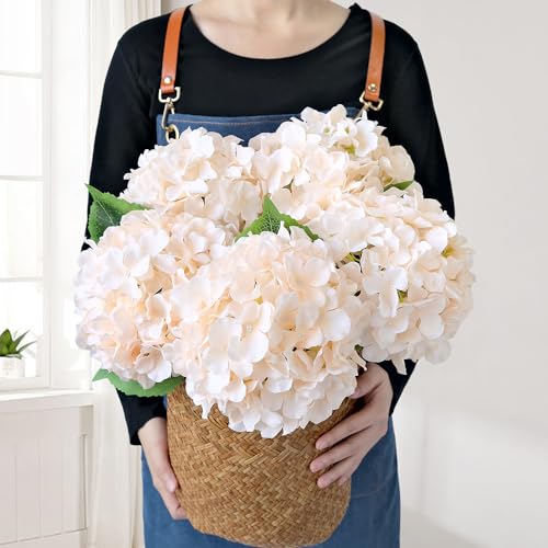 JINWOE 5Pcs Boho Silk Hydrangea Artificial Flowers, 20Inch Large Lifelike Flowers, Full Nature Artificial Hydrangeas with Stems for Indoor Bouquet Table Centerpieces Home Bohemian（Nude&Champagne） - color: Champagne