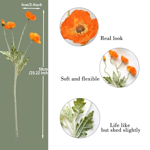 Artificial Flowers 5Pcs Poppies Flowers Artificial Silk Flowers for Home Office Wedding Outdoor Decor (Orange) - color: Orange