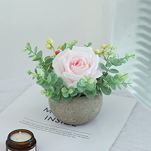 Small Artificial Light Pink Rose Potted Plant, 6" Fake Silk Flowers in 3.5" Round Pot, Mini Faux Floral Arrangement for Desk Shelf Bathroom Decor - color: Light Pink