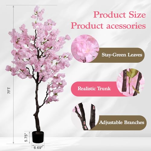 Artificial Pink Cherry Blossom Tree 7 FT Faux Flowering Trees Fake Cherry Blossom Decorative Tree Indoor for Christmas New Year Home Decor - color: Pink-ap31