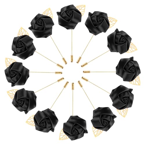 M METERXITY 12-Pack Flower Lapel Pins for Men, Golden Leaf Rose Boutonnieres Pin for Wedding/Dance/Party, Mens Lapel Pins for Suits Satin Flower Corsage Hat Pins [Black] - color: Black