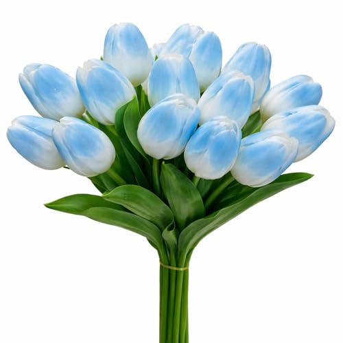 20 Pcs Tulips Artificial Flowers, 13.5'' Real Touch PU Fake Flowers Bouquet for Home Party, Spring Wedding Floral Arrangement, Valentine's, Easter and Mother's Day Decor (White Blue) - color: White Blue