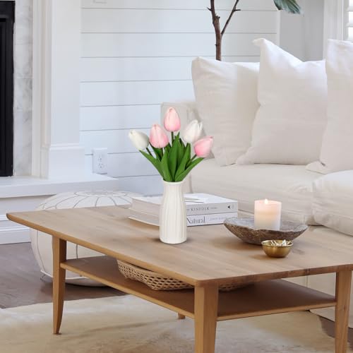 Briful 2 Packs Faux Flowers Artificial Tulips with Ceramic Vase, Poly Foam Pink-White Real Touch Flower Arrangement for Home Kitchen Wedding Centerpiece Decoration - color: Pink White