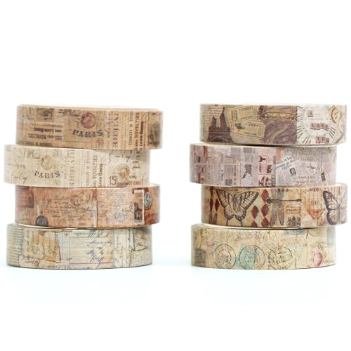 Vintage Washi Tape Set 8 Rolls Thin Retro Decorative Antique Patterns Masking Tapes for Arts, DIY Crafts, Journals, Planners, Scrapbook, Wrapping (Junk Books) - color: Junk Books
